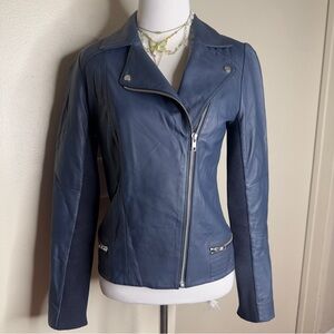 Blue Leather Motorcycle Jacket with Asymmetrical Zipper Trouvé